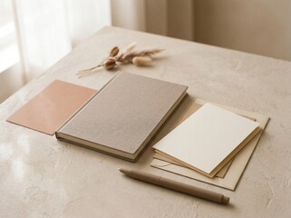 Fototapeta premium Minimalist notebook and pen arrangement on neutral textured surface with dried flowers