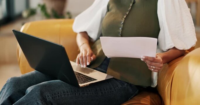 Remote work, paperwork and hands with laptop in lounge, financial planning and data entry with info. Wealth management, freelancer and person with documents, online or typing report with tech in home