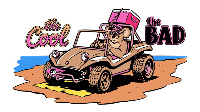 Beach club. Endless summer artwork. Tropical vintage design. Koala driving dune buggy on beach. The cool the bad graphic print for t shirt.