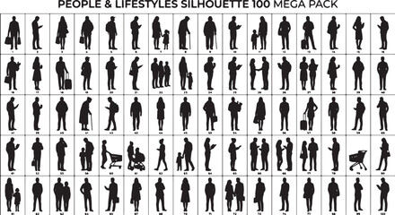 100 People & Lifestyles Silhouette Vector Pack, Diverse Human Figures, Black and White Icons, Everyday Activities, Business and Leisure Scenes © Shawon