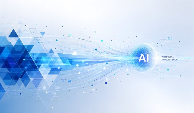 Blue geometric pattern with flowing lines and artificial intelligence text on a light background abstract algorithmic azure bright circuitry communication
