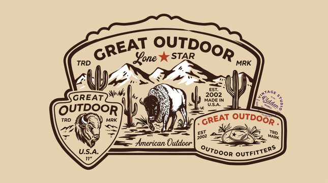 Great outdoor adventure. Mountain adventure vintage print design for t shirt. Explore more. Bison desert graphic print.