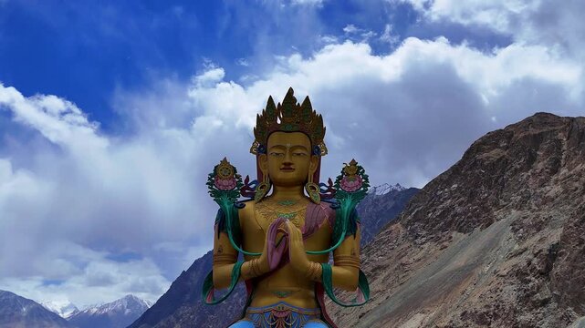 4K Drone Shot of Maitreya Buddha Statue at Diskit Monastery, Nubra Valley, Ladakh, India