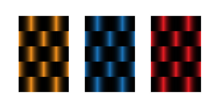 Set of seamless abstract metallic weave textures with golden blue and red shiny gradient stripes over black checkered background pattern.