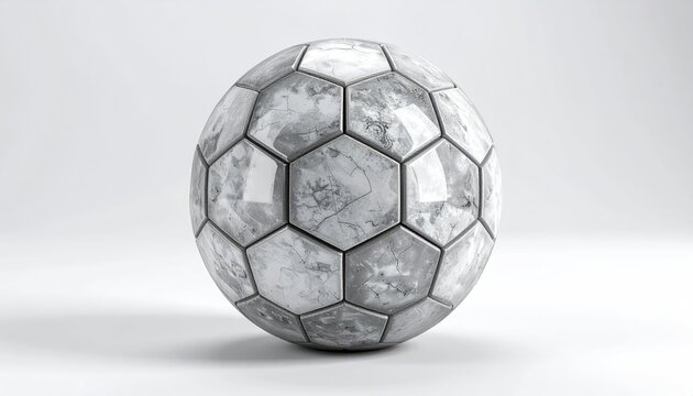 Modern marble soccer ball with hexagonal pattern on white background