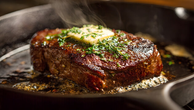 Sizzling steak with butter and herbs in a cast iron pan