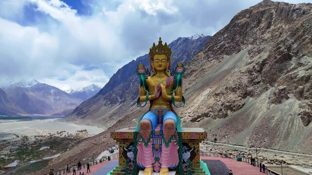 4K Drone Shot of Maitreya Buddha Statue at Diskit Monastery, Nubra Valley, Ladakh, India