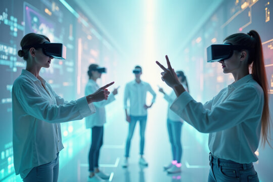 Diverse group of people using virtual reality headsets in high tech corridor