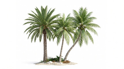 Obraz premium Group of three tropical palm trees on a small sand island isolated on white