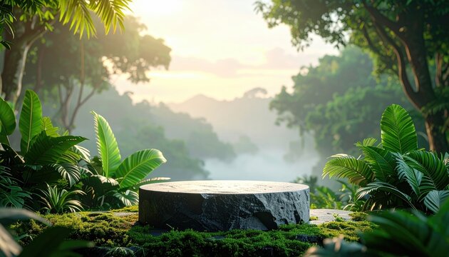 Serene Nature Scene with Forest and Sunrise Over a Rock Platform