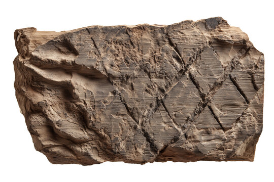 Fossilized lycopsid bark featuring diamond-shaped leaf scars and a rugged texture isolated on white background, Clipping Path, png