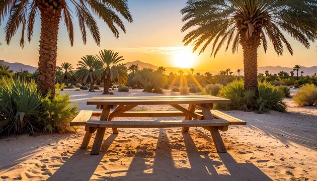 Scenic Desert Picnic Area with Palm Trees at Sunset