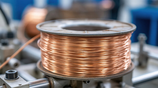 Copper wire spool on machinery in industrial workshop with metallic reel and production equipment, close up of shiny coil