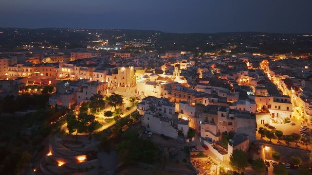 Aerial night view of Cisternino, Puglia, Italy