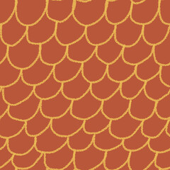 Seamless fish scale pattern with terracotta and golden yellow textured lines on orange background. © yuliya_derbisheva