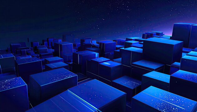 Futuristic Cityscape with Glowing Cubes and Night Sky