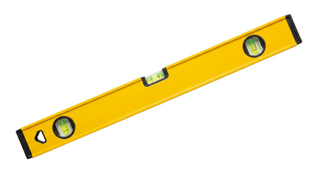 Long yellow spirit level bubble level tool isolated on white background for accurate horizontal and vertical alignment in construction