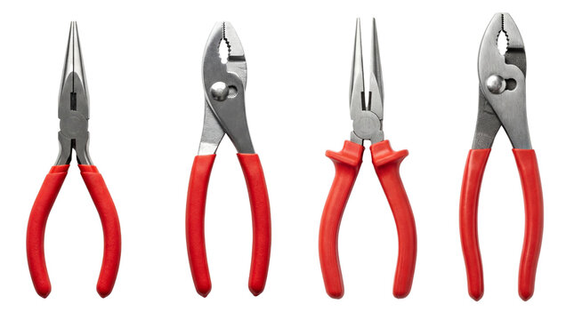  Set of four red handle pliers combination needle nose and cutting pliers isolated on white background for electrical and mechanical work