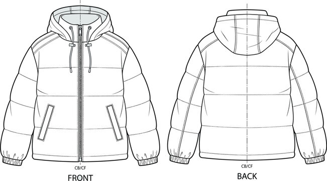 Unisex Puffer Jacket Fashion Flat Technical Sketch Template Featuring Hooded Design with Front and Back Views