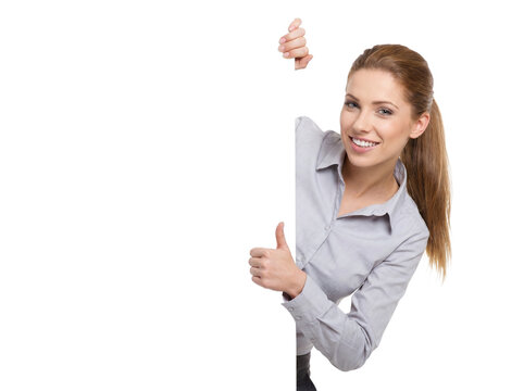 Smiling business woman holding blank white board with thumbs up, professional female office worker with empty placard, corporate advertising banner