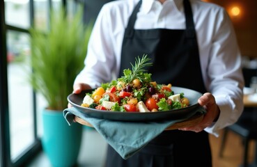 Naklejka premium Waiter serves fresh salad in upscale restaurant. Waitstaff brings healthy food to table. Gentleman in uniform offers gourmet meal. Fine dining service. Restaurant staff career.