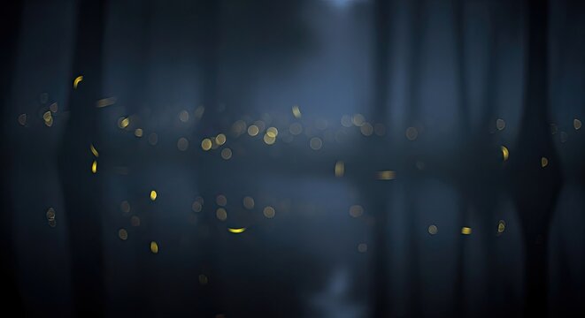 Magical fireflies glowing in a dark mysterious forest at night.