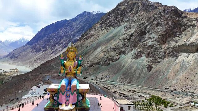 4K Drone Shot of Maitreya Buddha Statue at Diskit Monastery, Nubra Valley, Ladakh, India