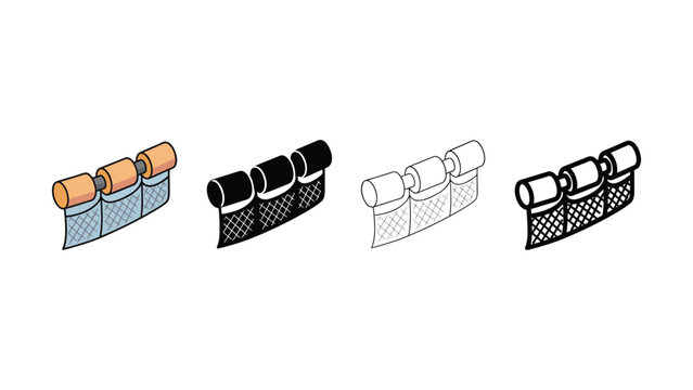 Four different colored fishing nets with wooden floats on white background