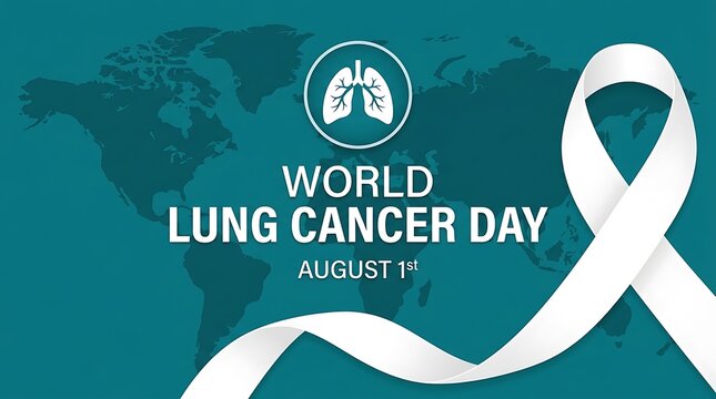 Lung cancer day awareness with white ribbon on teal background medical