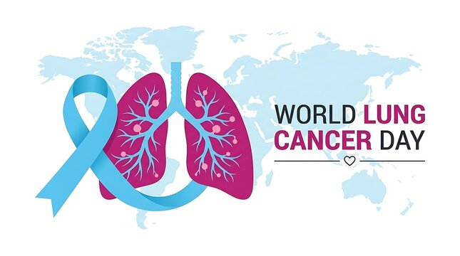 Lung cancer day featuring pink lungs and blue ribbon awareness medical