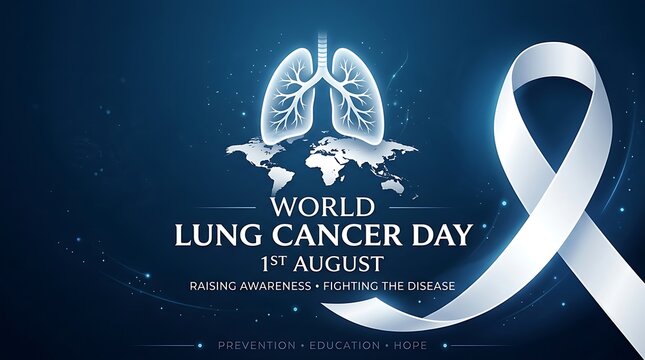 Lung cancer day dark blue banner with white ribbon and glowing lungs awareness
