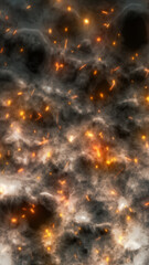 Dramatic smoky texture with glowing orange sparks and dark voids, creating an abstract fire and ash background. © Bolbik
