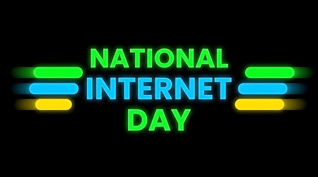 National internet day text with glowing neon lines on a solid black background