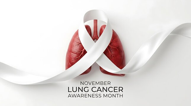 White awareness ribbon wrapped around red human lungs for cancer campaign