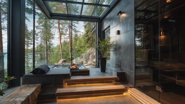 Modern glass sauna interior with wooden benches, stone steps, and lush greenery visible through large windows, creating a serene atmosphere in a natural setting