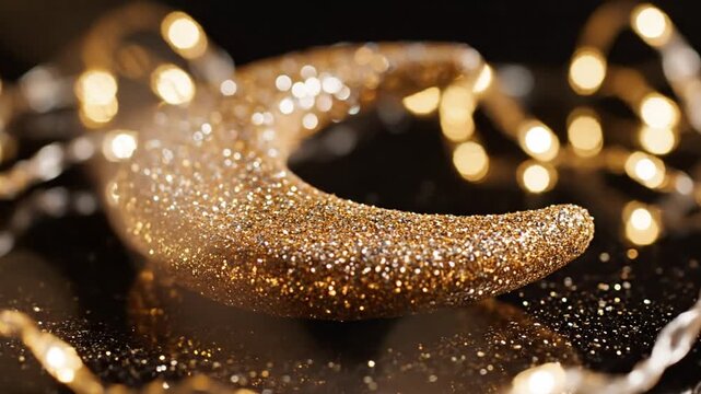 Golden sparkling crescent moon decoration.