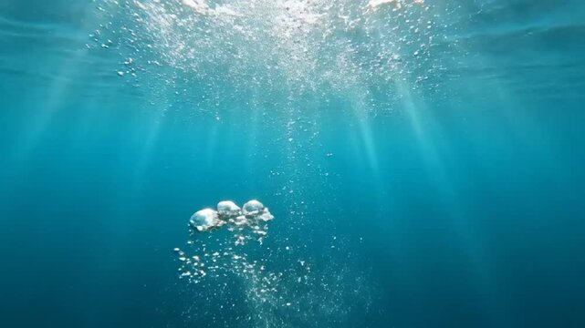 Underwater view looking upwards towards the surface with bright sunbeams penetrating the clear turquoise water illuminating a dense cluster of rising air bubbles and effervescent foam creating a