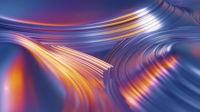 Abstract 3d liquid metal waves flowing with vibrant orange and blue reflections in motion