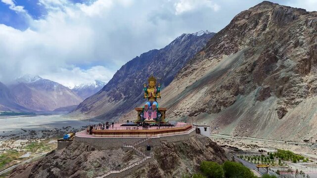 4K Drone Shot of Maitreya Buddha Statue at Diskit Monastery, Nubra Valley, Ladakh, India