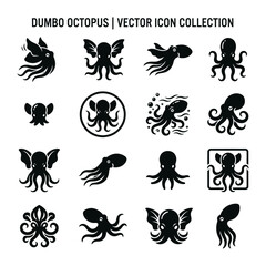 Obraz premium Collection of Dumbo Octopus Vector Icons in Minimalist Silhouette Style
