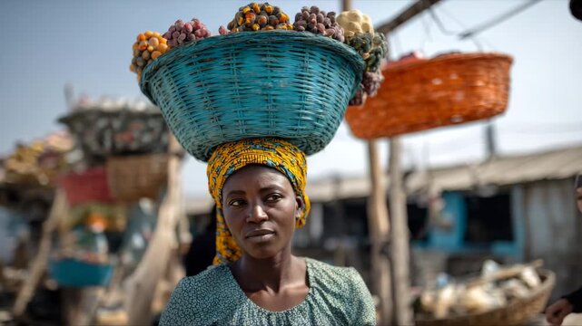 African woman with colorful head wrap carries a large blue basket of fruits on her head while standing in a vibrant market filled with various goods and stalls