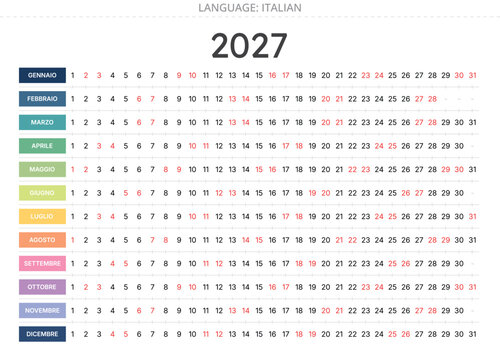 2027 linear calendar template in Italian language without days of the week