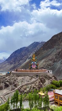 4K Drone Shot of Maitreya Buddha Statue at Diskit Monastery, Nubra Valley, Ladakh, India