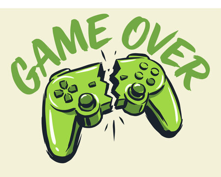 Game over. Broken controller graphic for t shirt print, poster, sticker. Retro gaming design. Vintage video game artwork.