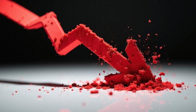Red arrow graphic shows decreasing trend. Symbol of financial crash, business failure, or negative market performance with crumbling particles. Economic downturn concept.