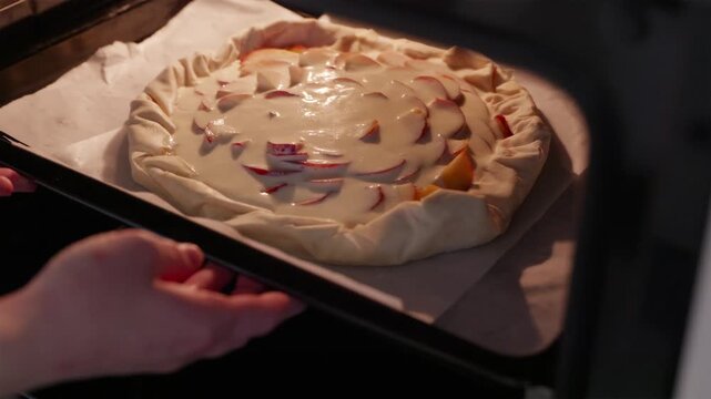 Placing raw nectarine galette into hot modern oven for baking