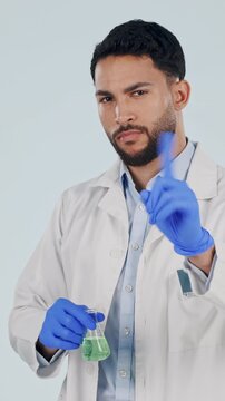 Science, face and man with thumbs down for beaker, vaccine or experiment fail for lab research. Portrait, pharmaceutical and medical scientist with sample, mistake or disappointed on white background