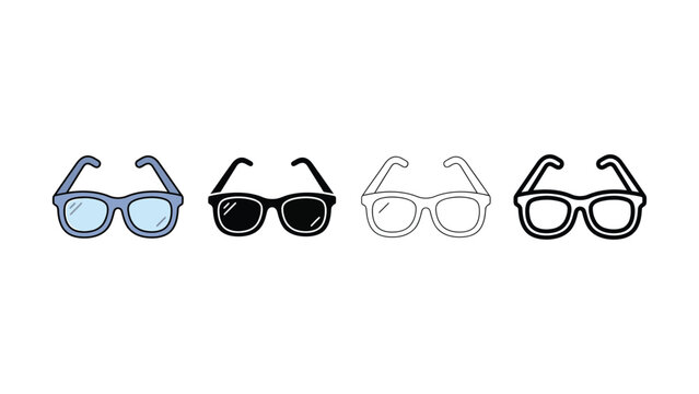 Four different styles of glasses in various colors and designs on white background
