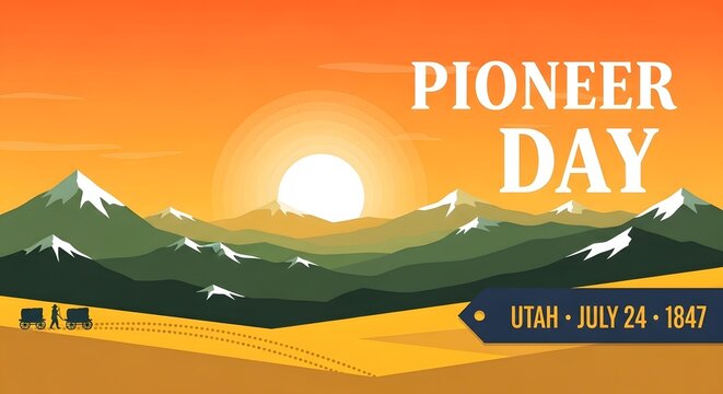Utah Pioneer Day Sunset Prairie Mountains Landscape Horizontal Banner Flat for July 24 Heritage Holiday Frontier Settlers Celebration