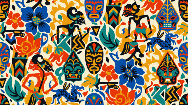 Vibrant Indonesian Culture Seamless Pattern with Wayang Kulit and Masks, Traditional Javanese culture and art